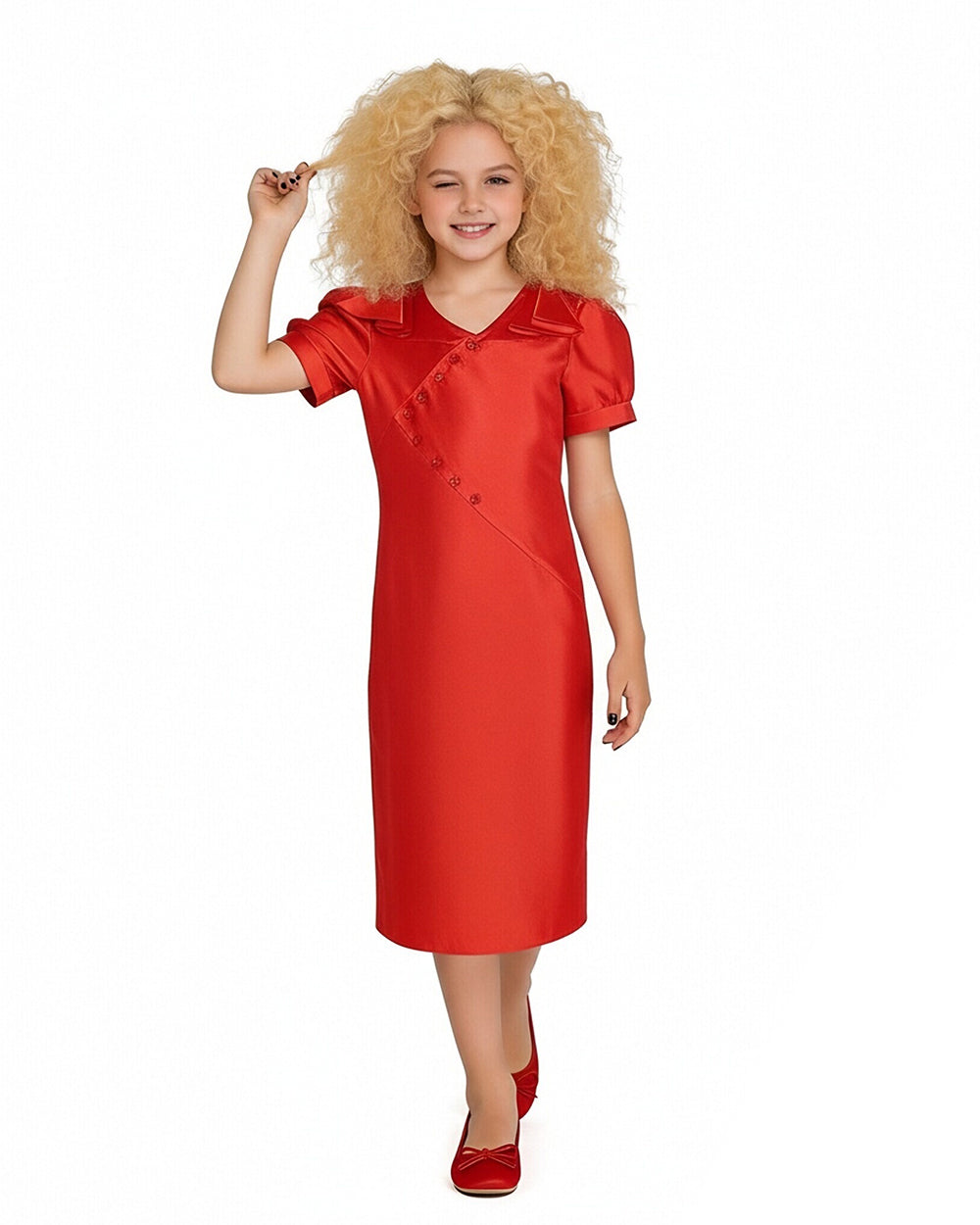 Bride Red Satin Dress with Puff Sleeves Vintage Midi Dress for Cosplay