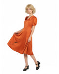 Bride Satin Dress Retro Rust Midi Gown with Oblique Button for Themed Events