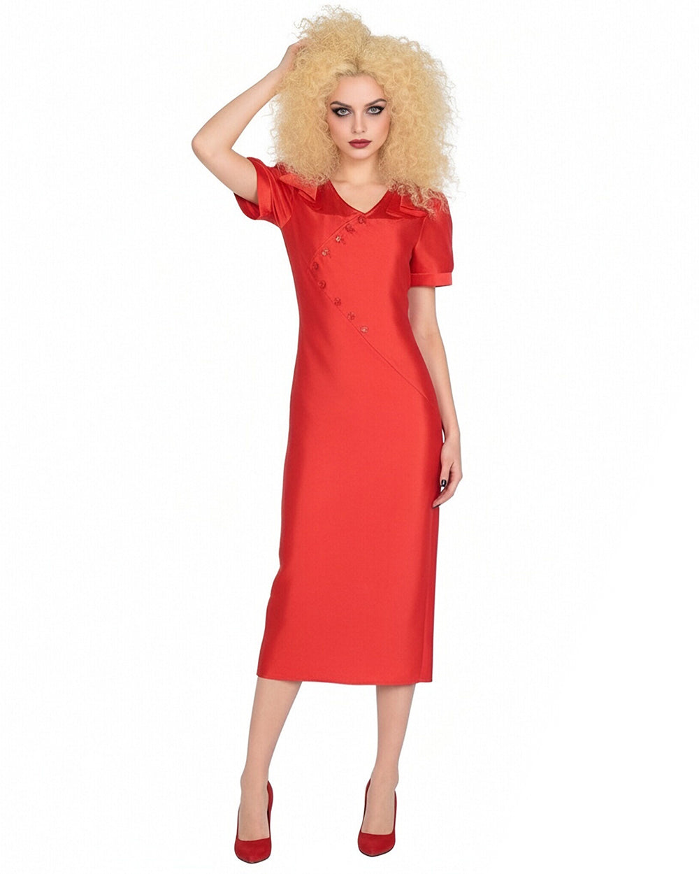 Bride Red Satin Dress with Puff Sleeves Vintage Midi Dress for Cosplay
