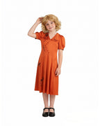 Bride Satin Dress Retro Rust Midi Gown with Oblique Button for Themed Events