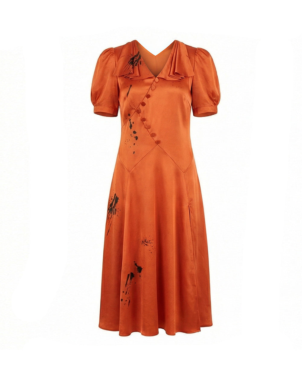 Bride Satin Dress Retro Rust Midi Gown with Oblique Button for Themed Events