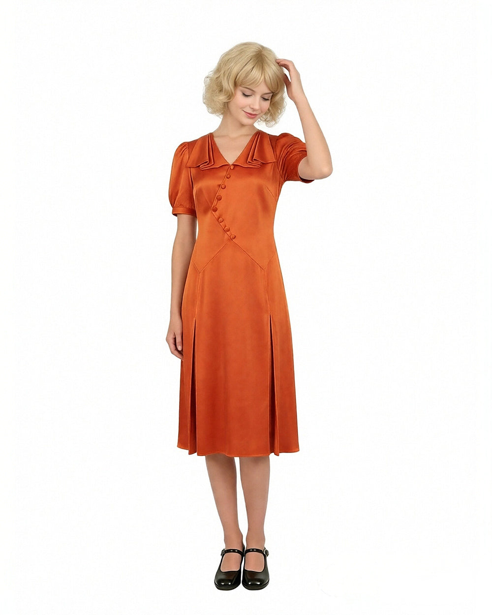 Bride Satin Dress Retro Rust Midi Gown with Oblique Button for Themed Events