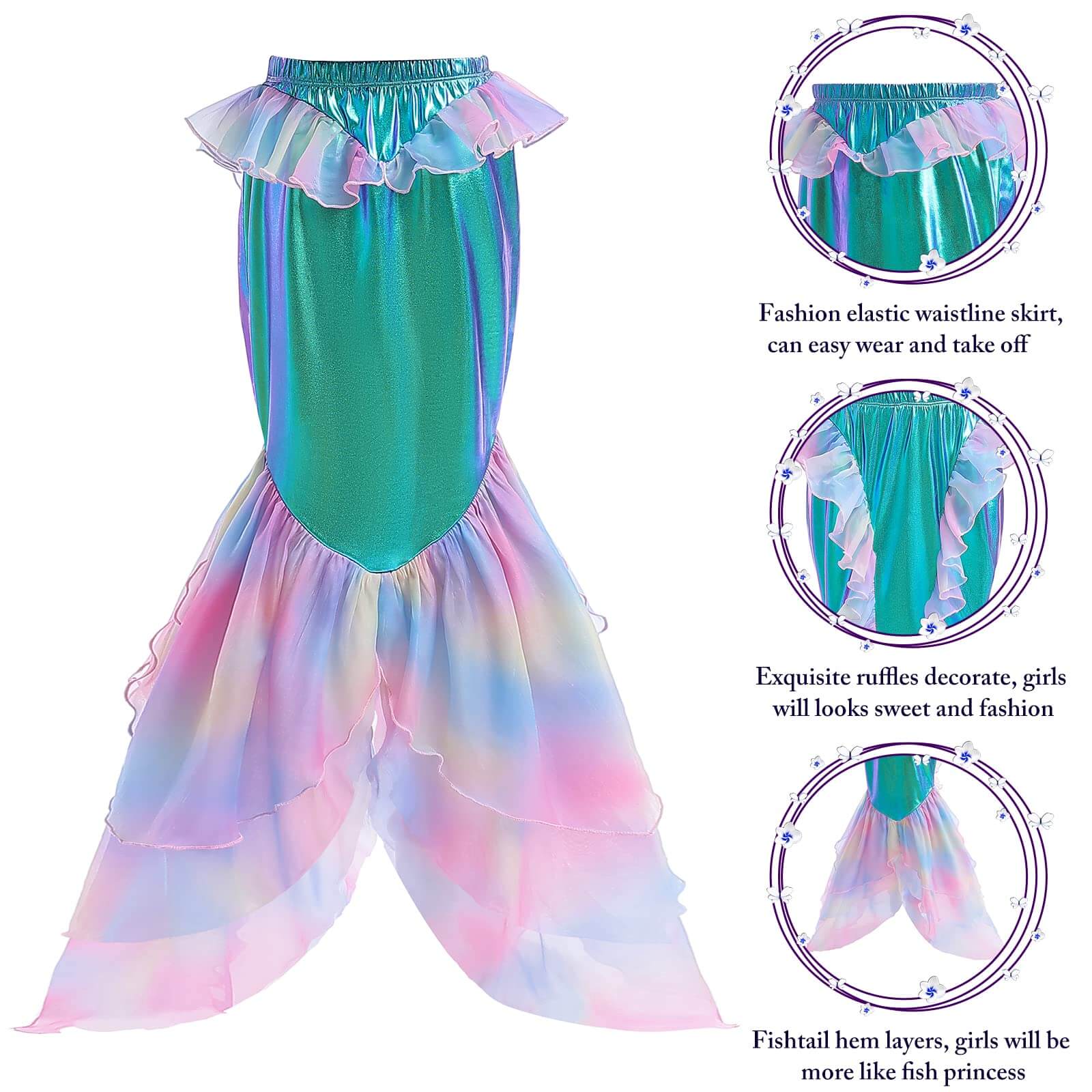 Girls Mermaid Costume Tops and Mermaid Tail Dress 2pcs Suit Princess Outfit for Kids Dress Up