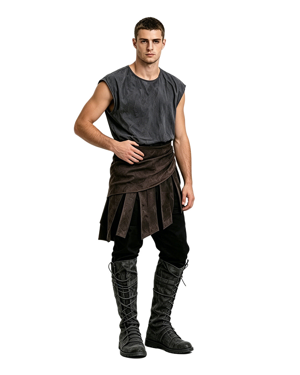 Ancient Greek Warrior Costume King Odysseus Style Dark Gray Vest and Pants Set for Renaissance Theme Events