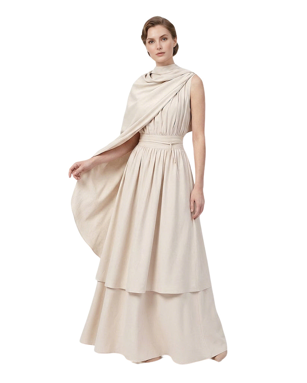Ancient Greek Goddess of Wisdom Costume Off-White Toga Maxi Dress with Detachable Cape for Girls Women Cosplay