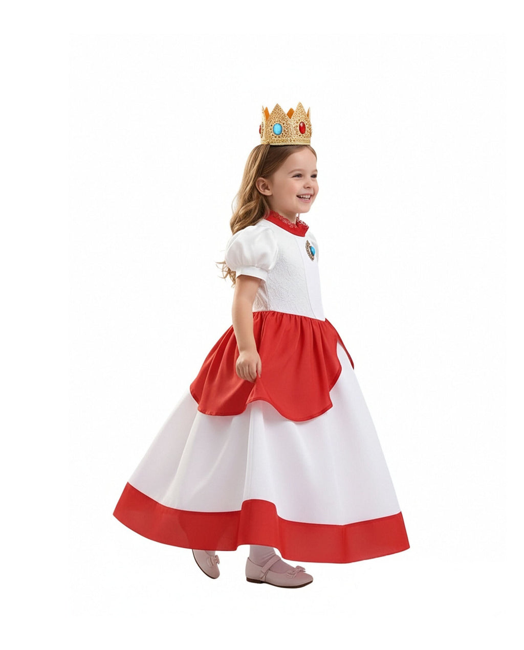 Pink Princess Ball Gown with Layered Tulle Puff Sleeves and Crown for Birthday Party Events