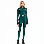 Women Yelena Belova Costume PU Leather Green Jumpsuit with Accessories for Cosplay