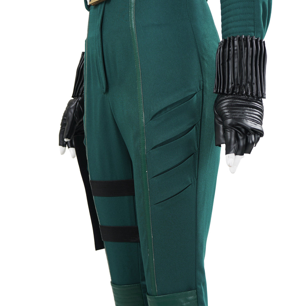 Women Yelena Belova Costume PU Leather Green Jumpsuit with Accessories for Cosplay