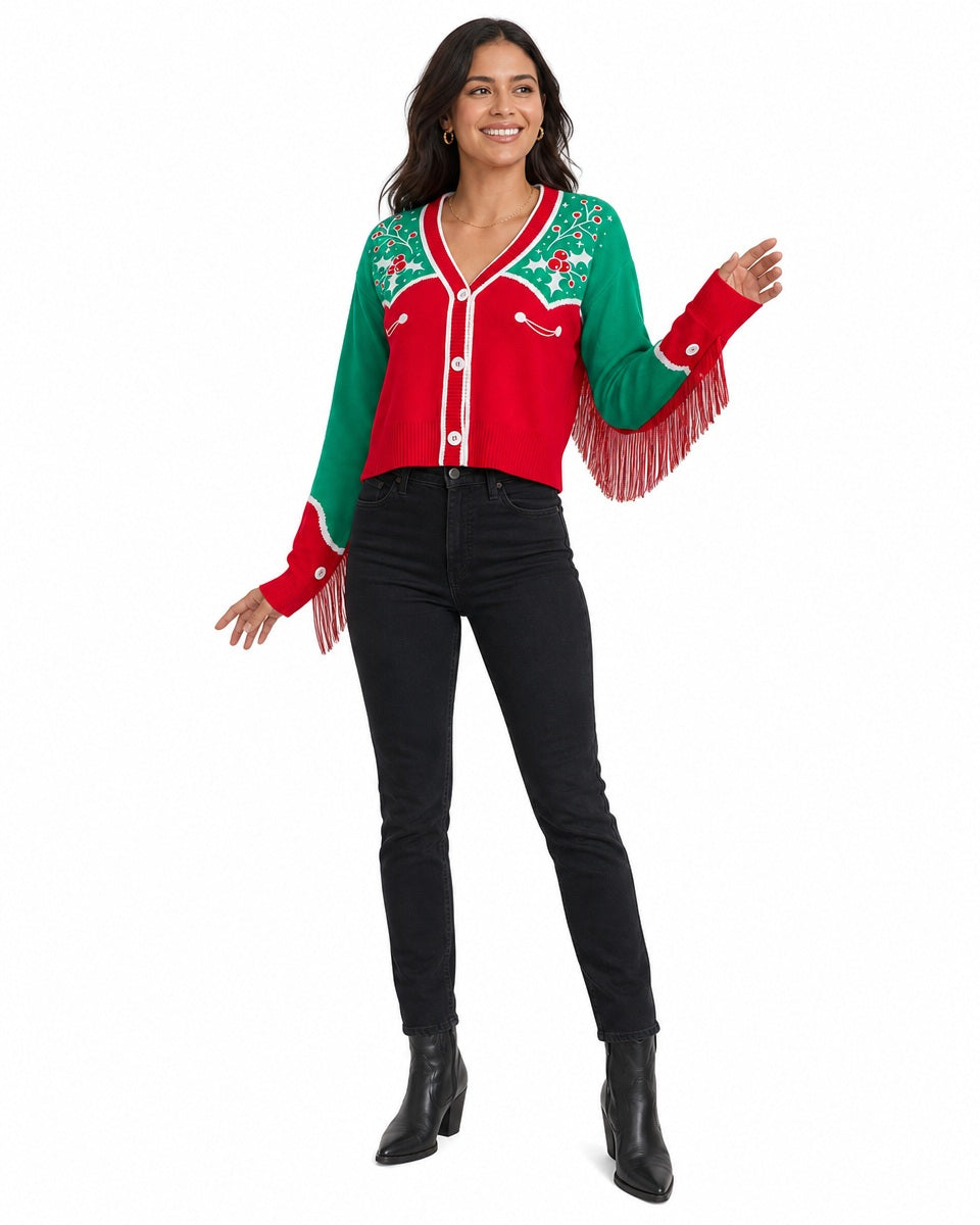 Women's Red and Green Western Fringe Christmas Cropped Cardigan Sweater
