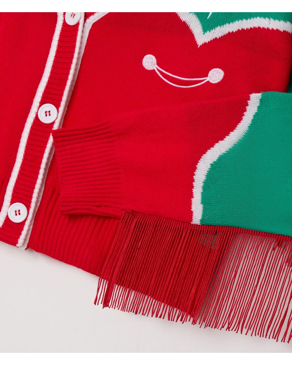 Women's Red and Green Western Fringe Christmas Cropped Cardigan Sweater