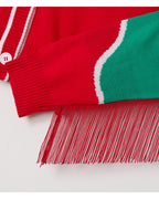 Women's Red and Green Western Fringe Christmas Cropped Cardigan Sweater