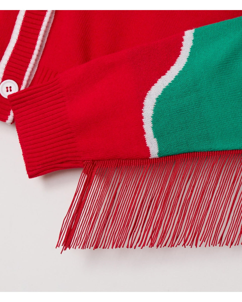 Women's Red and Green Western Fringe Christmas Cropped Cardigan Sweater