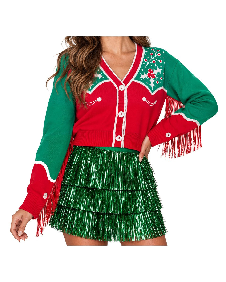 Women's Red and Green Western Fringe Christmas Cropped Cardigan Sweater
