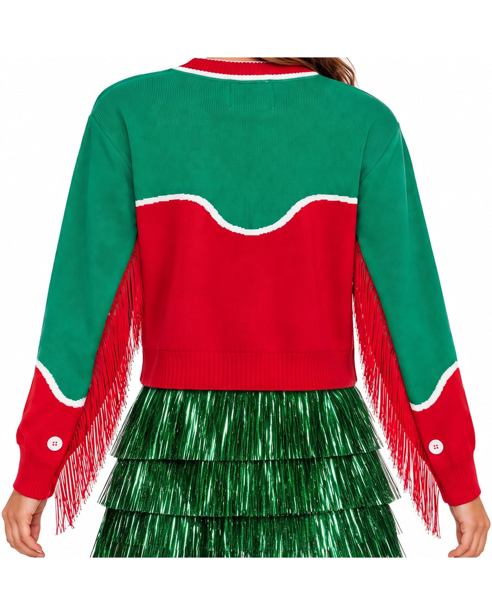 Women's Red and Green Western Fringe Christmas Cropped Cardigan Sweater