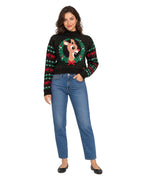 Women's Black Reindeer Wreath Cropped Christmas Sweater
