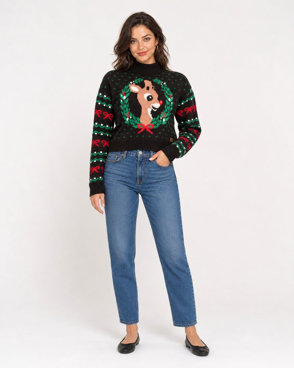 Women's Black Reindeer Wreath Cropped Christmas Sweater
