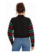 Women's Black Reindeer Wreath Cropped Christmas Sweater