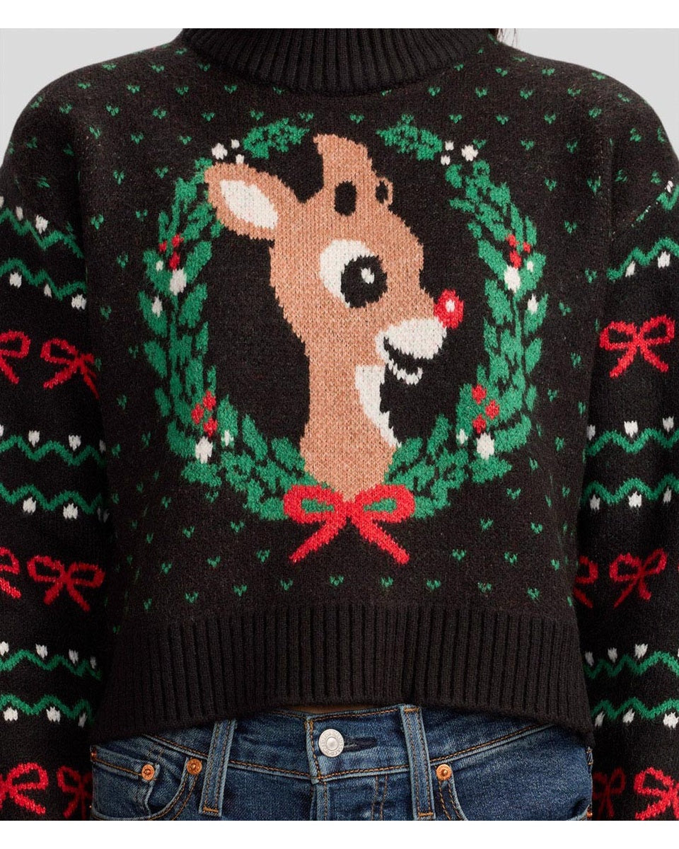 Women's Black Reindeer Wreath Cropped Christmas Sweater
