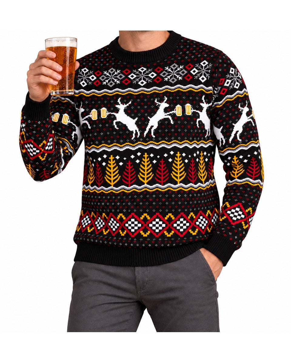 Men's Black Reindeer and Beer Fair Isle Christmas Sweater