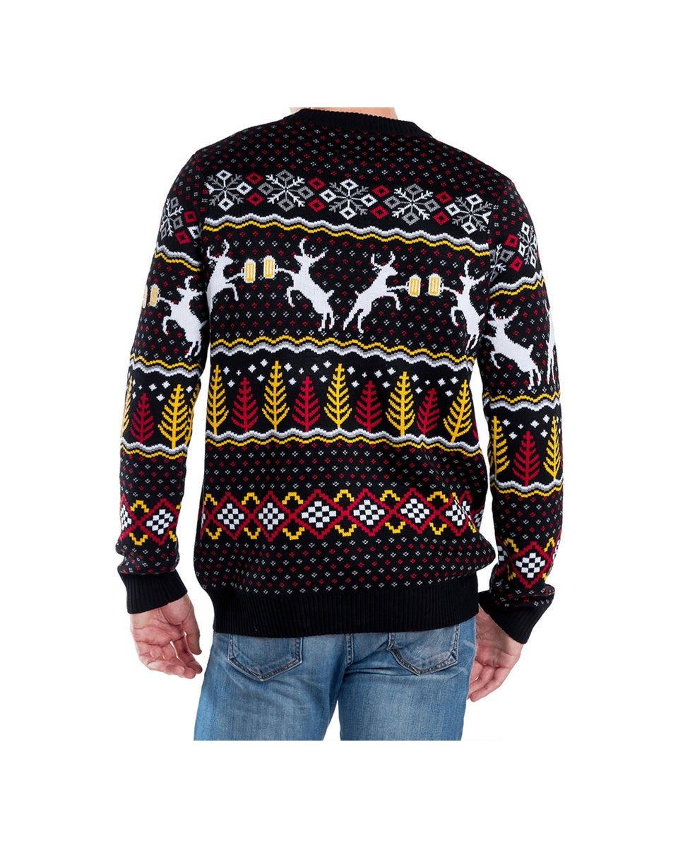 Men's Black Reindeer and Beer Fair Isle Christmas Sweater