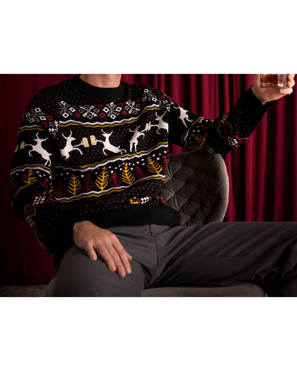 Men's Black Reindeer and Beer Fair Isle Christmas Sweater