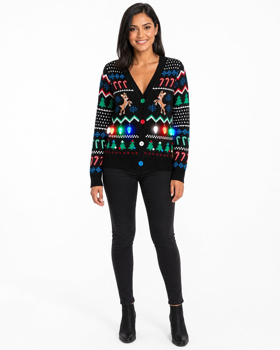 Women's Black Reindeer Light-Up Fair Isle Christmas Cardigan