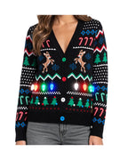 Women's Black Reindeer Light-Up Fair Isle Christmas Cardigan