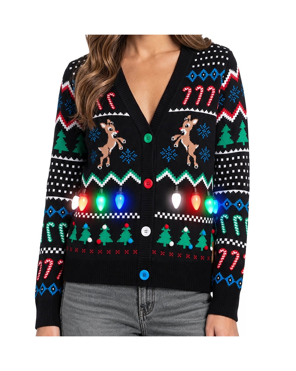 Women's Black Reindeer Light-Up Fair Isle Christmas Cardigan