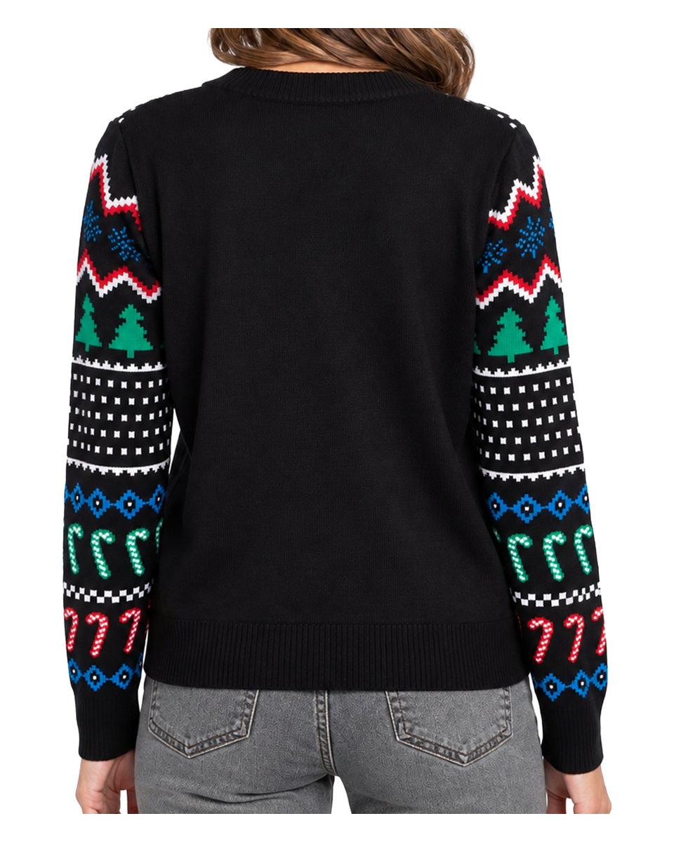 Women's Black Reindeer Light-Up Fair Isle Christmas Cardigan