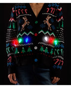 Women's Black Reindeer Light-Up Fair Isle Christmas Cardigan