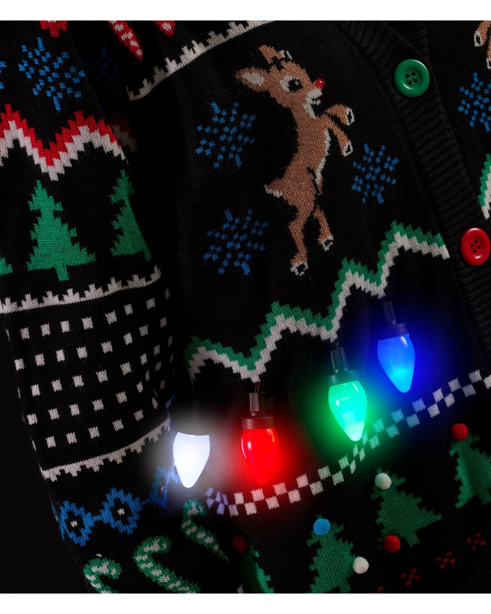Women's Black Reindeer Light-Up Fair Isle Christmas Cardigan