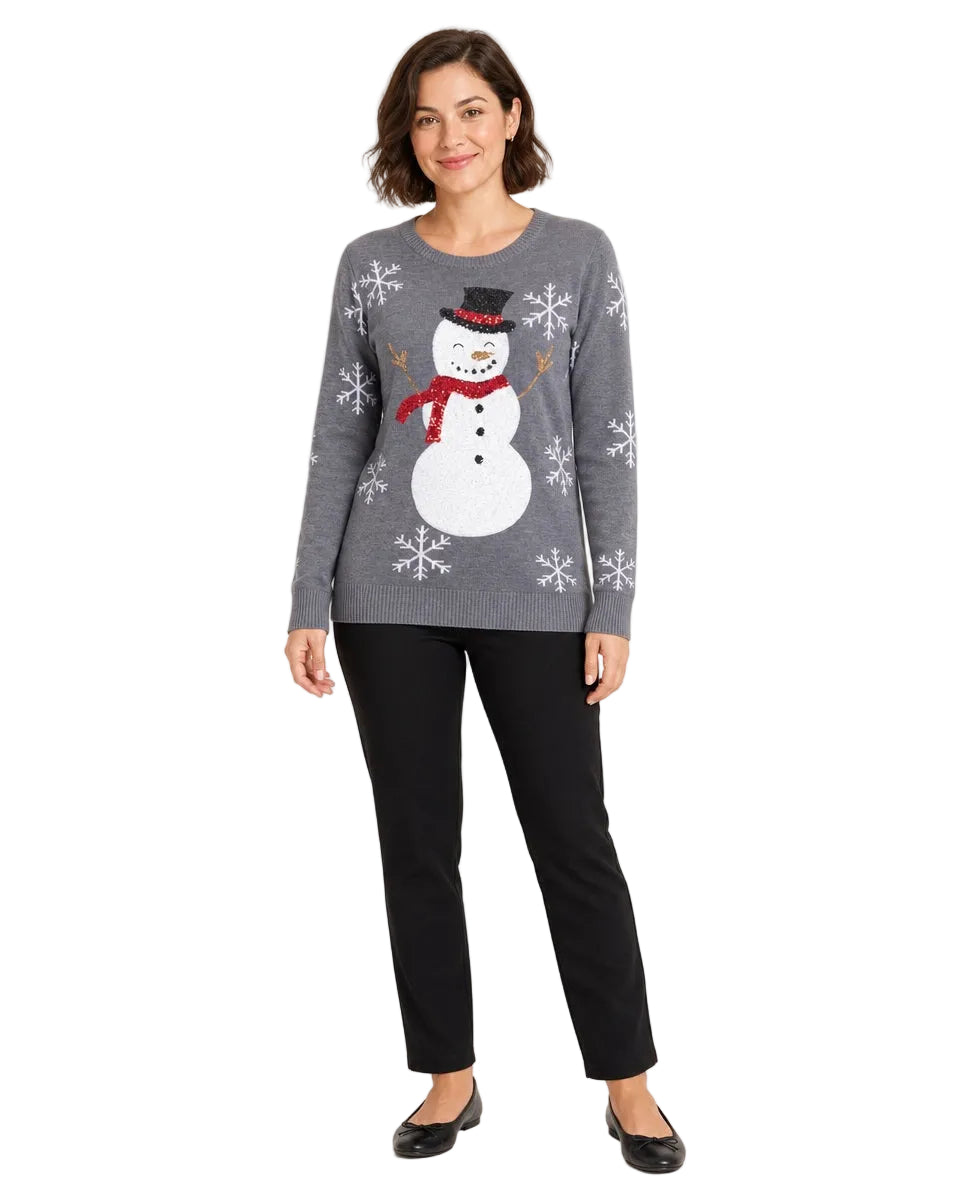 Women's Gray Sequin Snowman Christmas Sweater