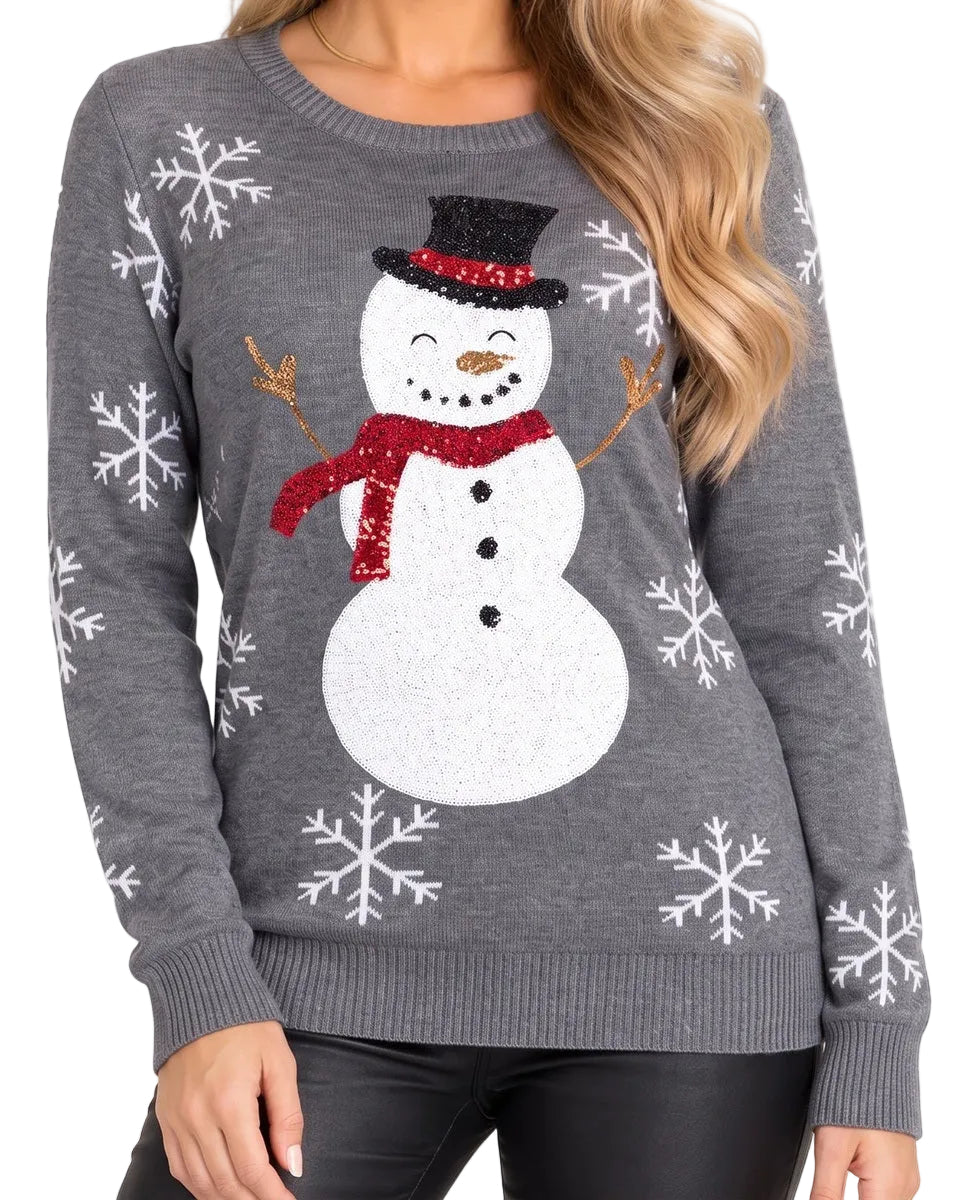 Women's Gray Sequin Snowman Christmas Sweater