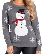 Women's Gray Sequin Snowman Christmas Sweater