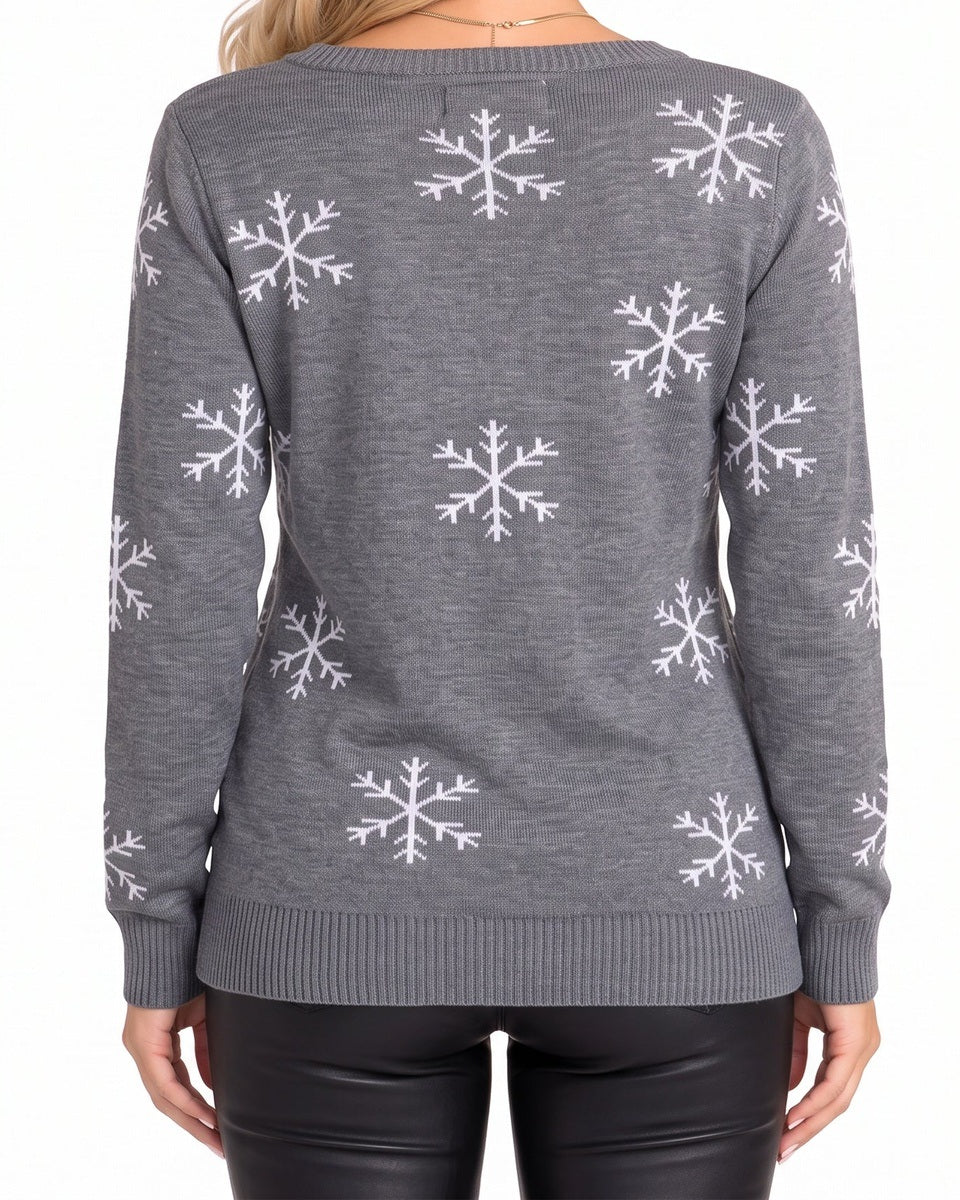 Women's Gray Sequin Snowman Christmas Sweater