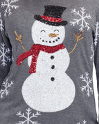 Women's Gray Sequin Snowman Christmas Sweater