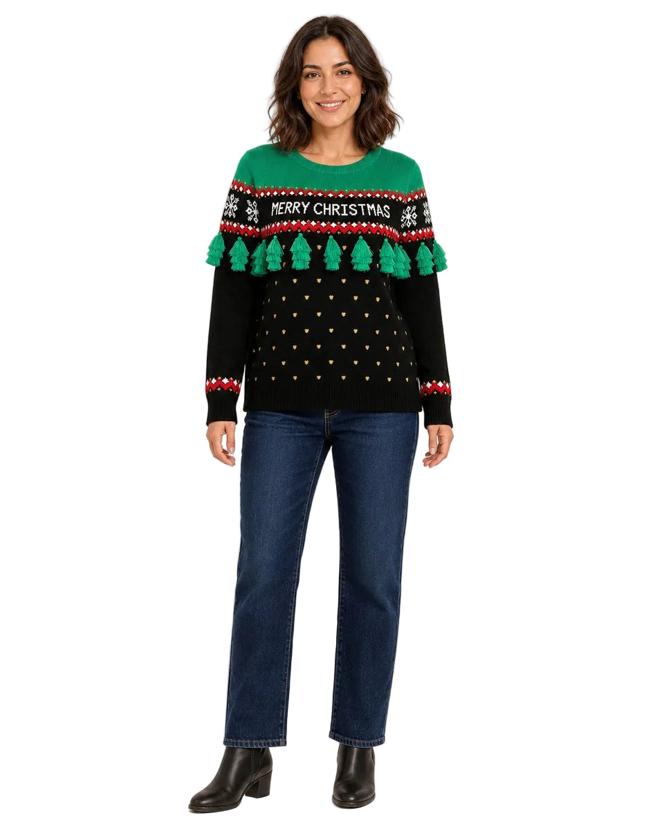 Women's Green Tree Tassel Christmas Sweater
