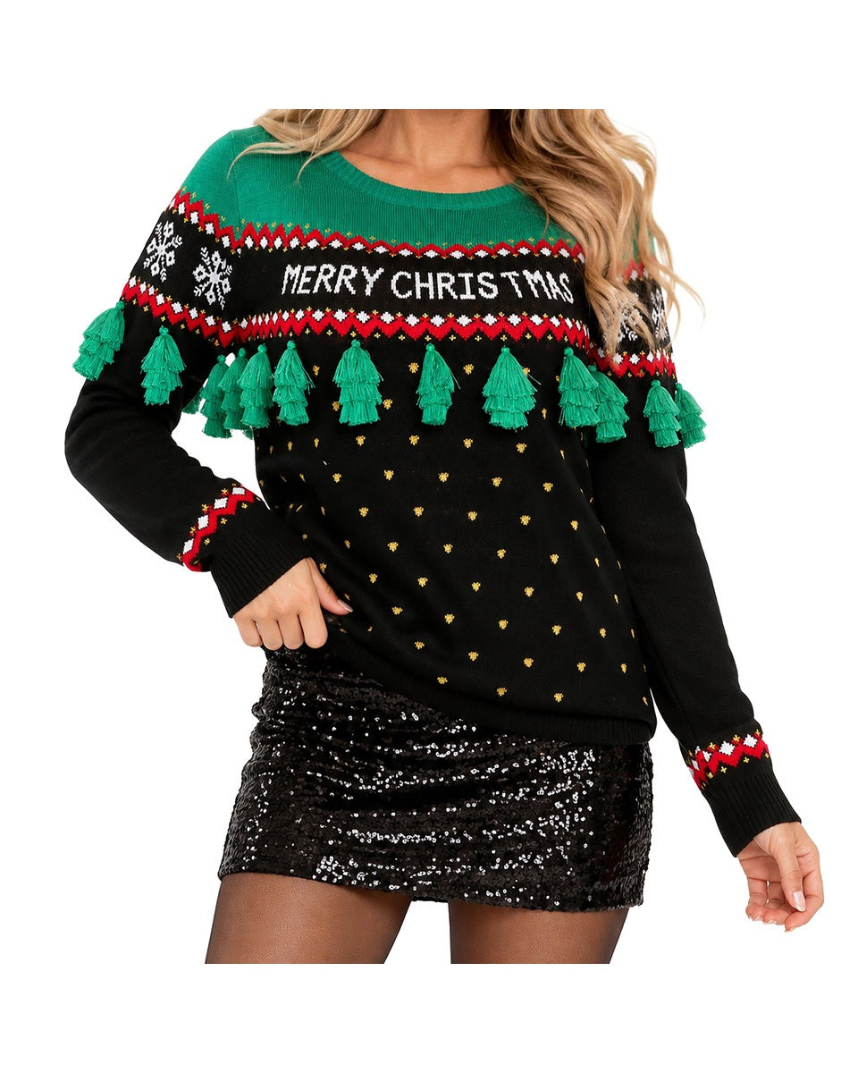 Women's Green Tree Tassel Christmas Sweater