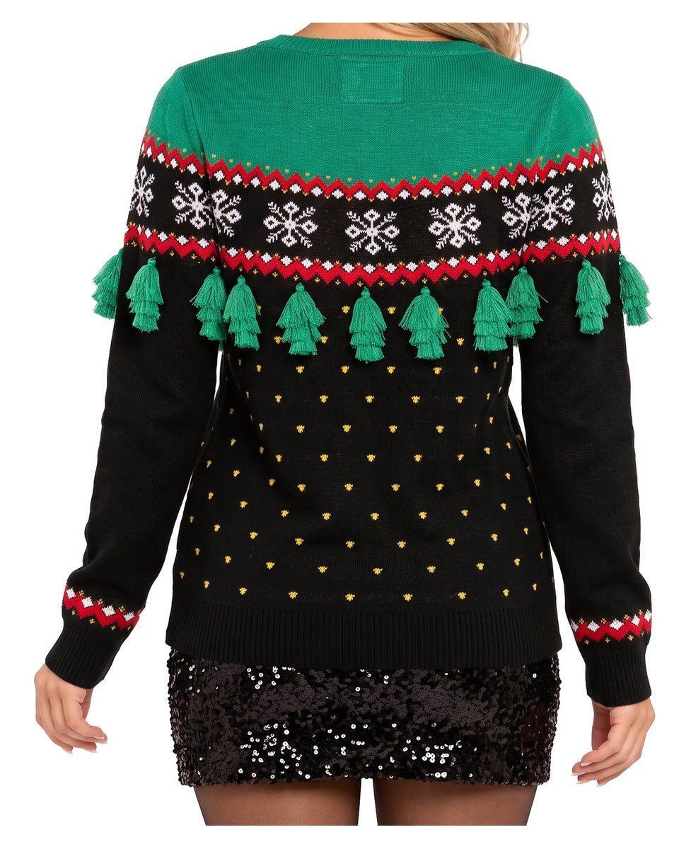 Women's Green Tree Tassel Christmas Sweater