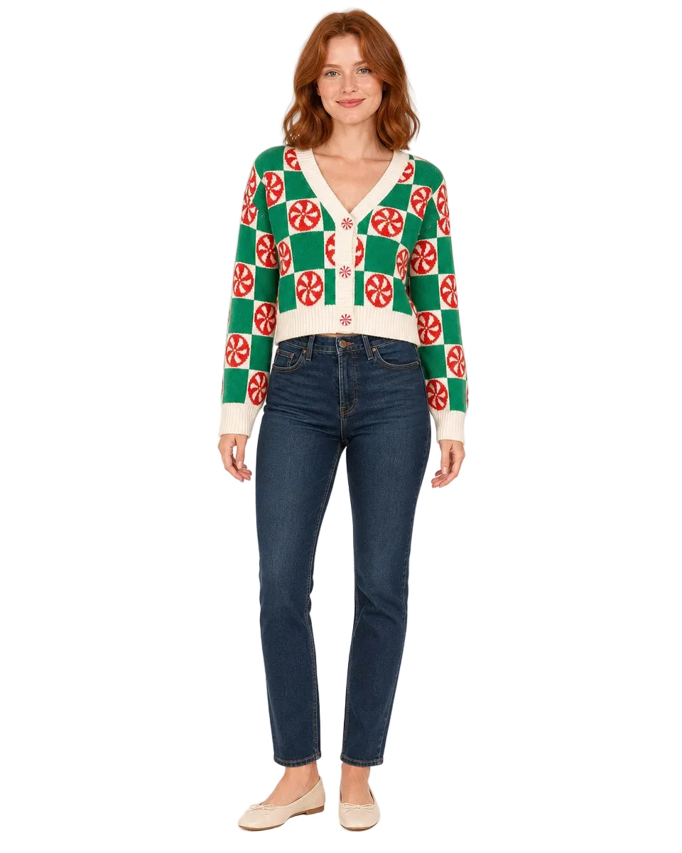 Women's Peppermint Check Cropped Christmas Cardigan