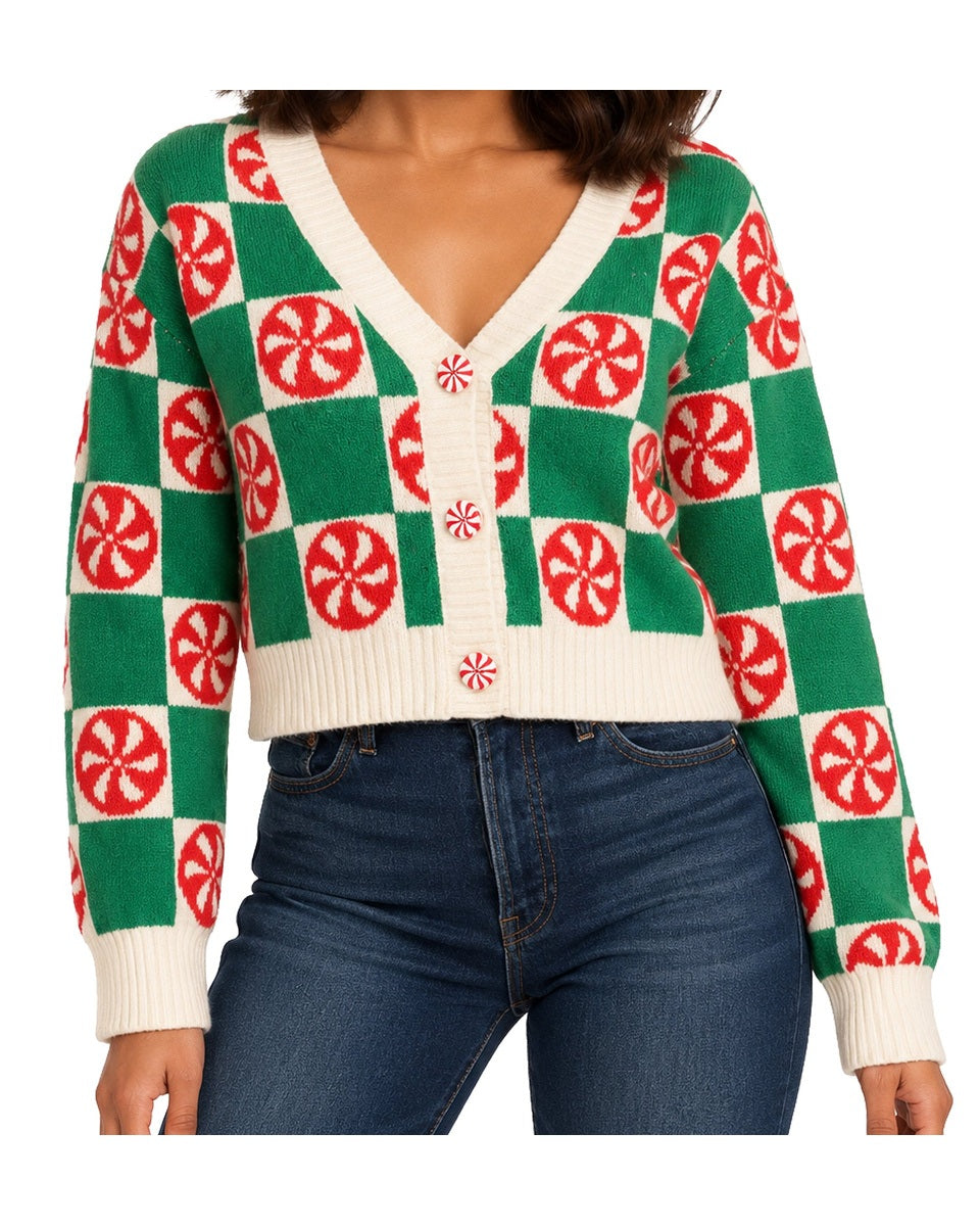 Women's Peppermint Check Cropped Christmas Cardigan