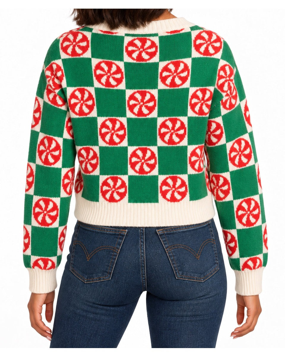 Women's Peppermint Check Cropped Christmas Cardigan