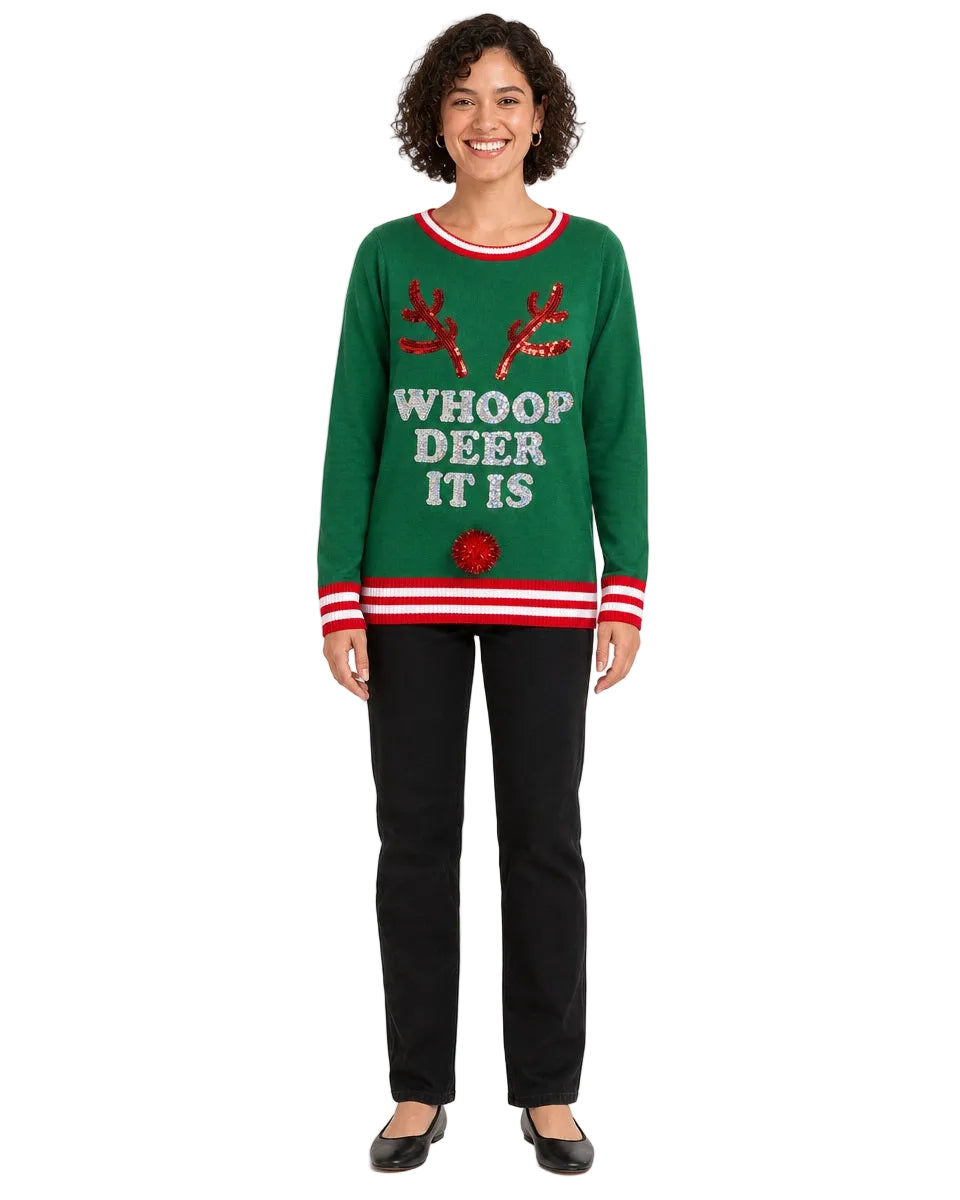Women's Green Sequin Reindeer Christmas Sweater