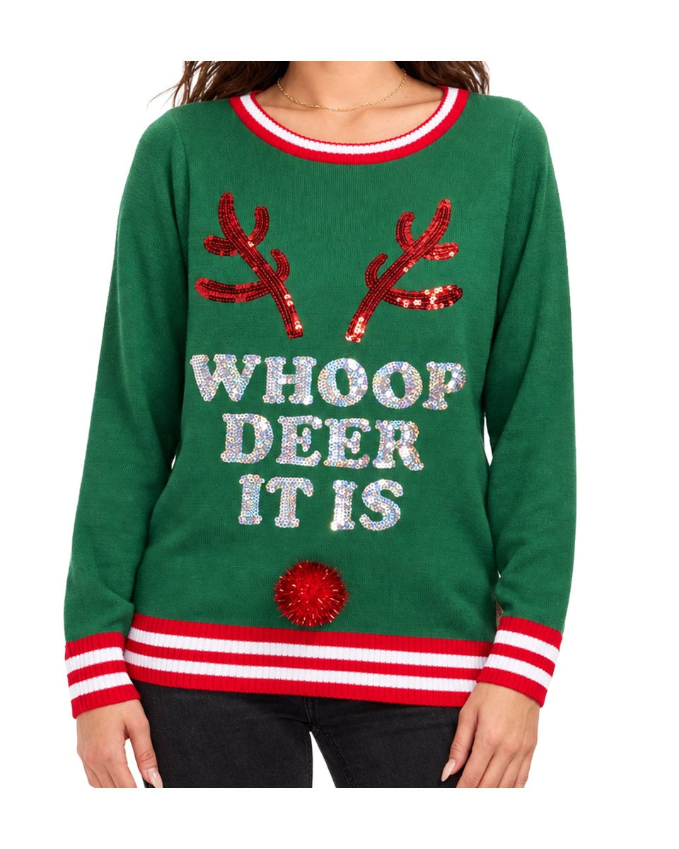 Women's Green Sequin Reindeer Christmas Sweater