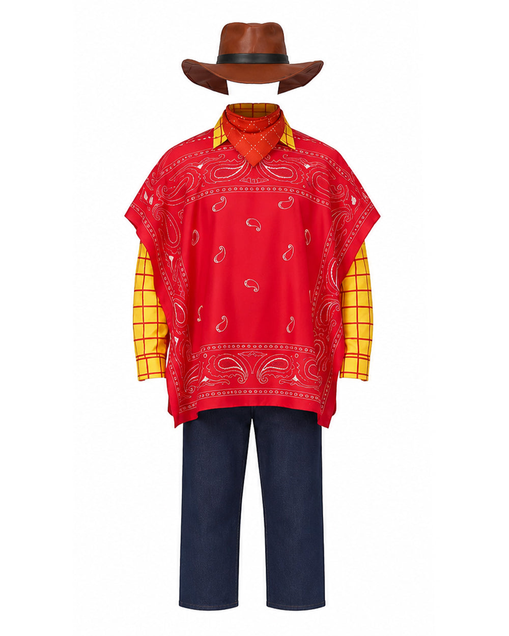 Boys Mens Western Sheriff Costume Wanderer Cowboy Yellow Checkered Shirt Set with Hat for Cosplay