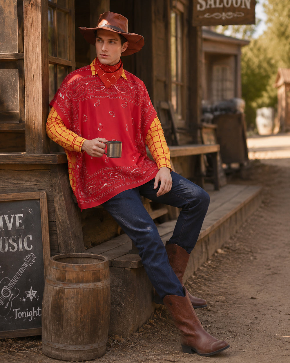 Boys Mens Western Sheriff Costume Wanderer Cowboy Yellow Checkered Shirt Set with Hat for Cosplay