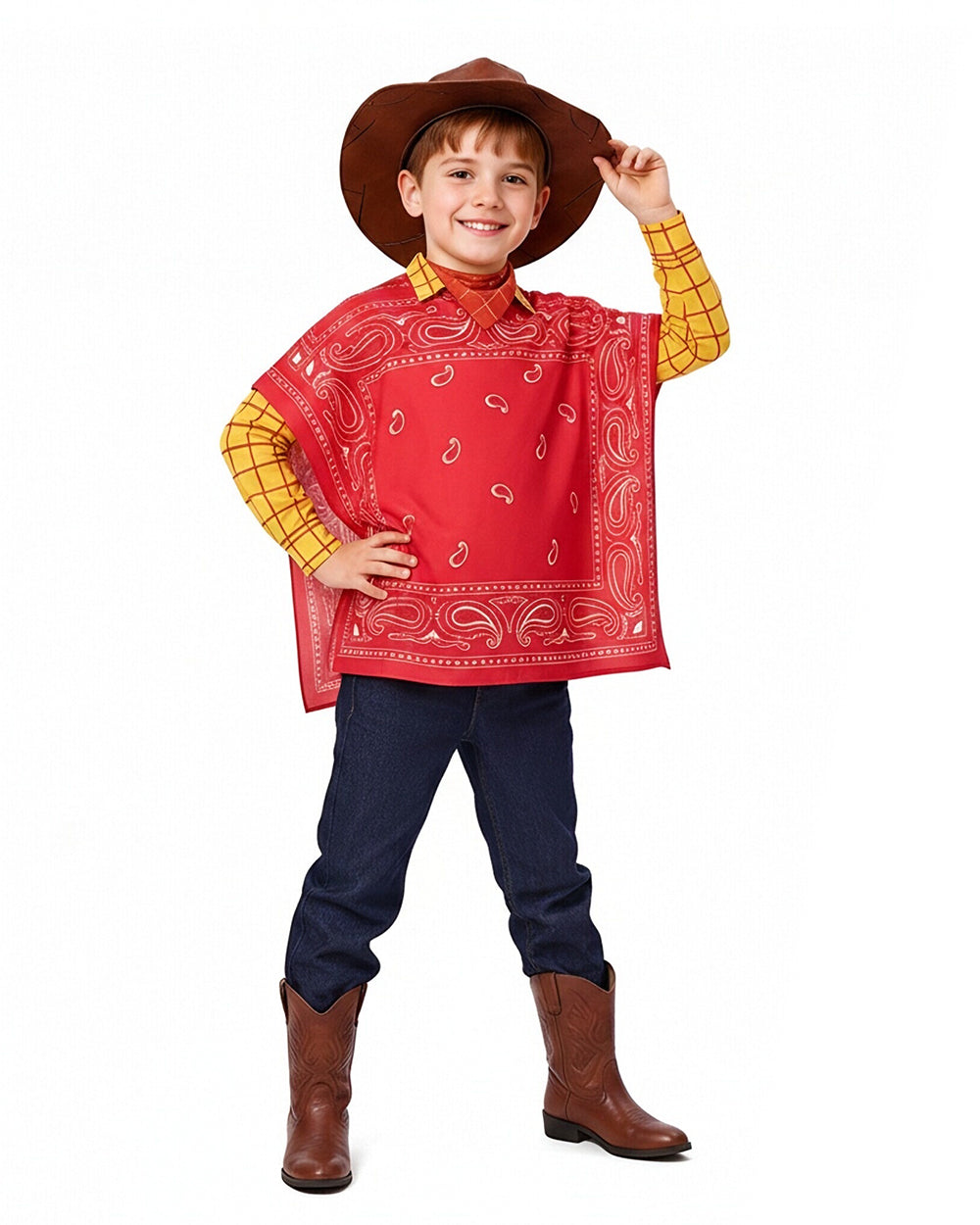 Boys Mens Western Sheriff Costume Wanderer Cowboy Yellow Checkered Shirt Set with Hat for Cosplay
