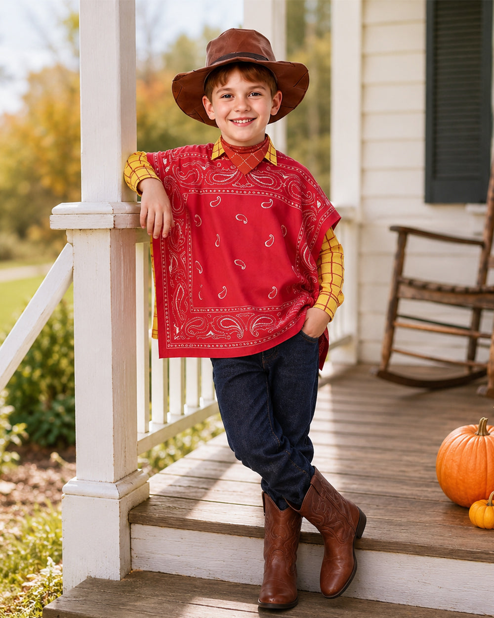 Boys Mens Western Sheriff Costume Wanderer Cowboy Yellow Checkered Shirt Set with Hat for Cosplay