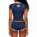 Blockette Aesthetic Women's Soccer Jersey Set Y2K Retro Ribbed Crop Top & Slim Fit Boy Shorts Co-ord