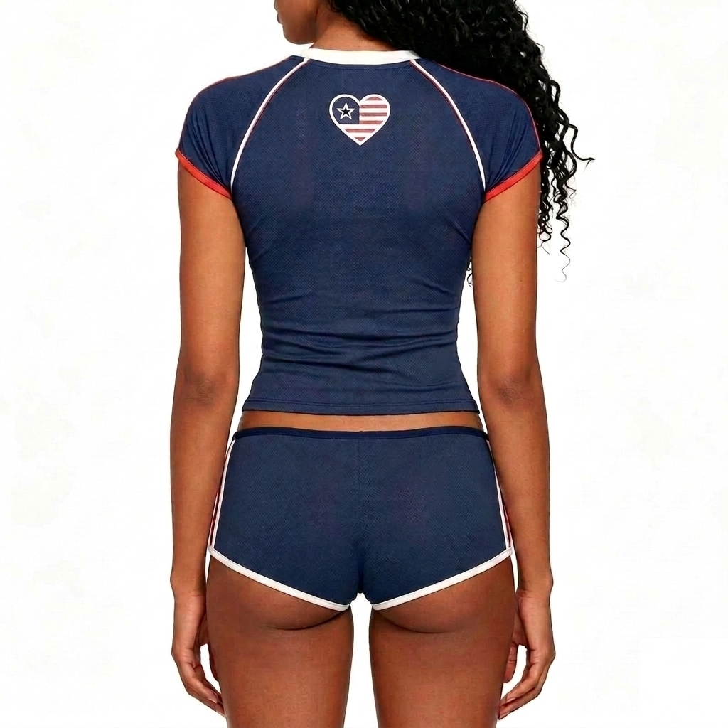 Blockette Aesthetic Women's Soccer Jersey Set Y2K Retro Ribbed Crop Top & Slim Fit Boy Shorts Co-ord